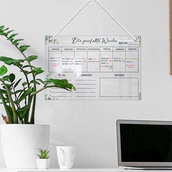 Weekplanner afveegbaar, wekelijkse planner magnetisch acryl, wekelijkse voedingsplanner, 30 x 20 cm, whiteboard met 6 wissermarkers, 1 haak, wit koord, weekplannerbord — afbeelding 4