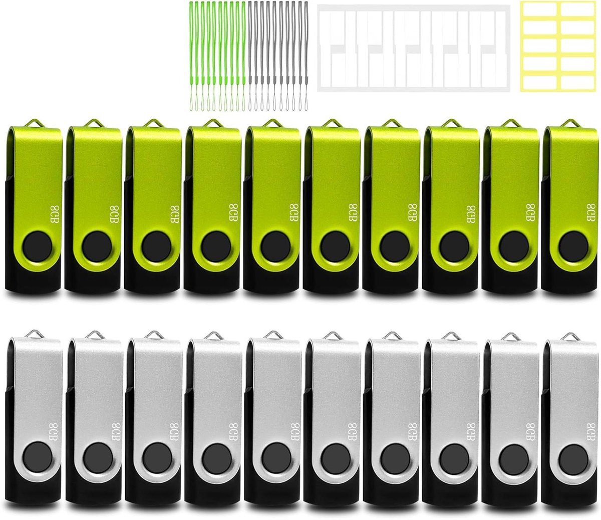 USB-sticks Set - Geheugensticks Data - Bestanden Opslaan - Draaibaar Ontwerp - 20 Stuks 8GB - Groen Zilver