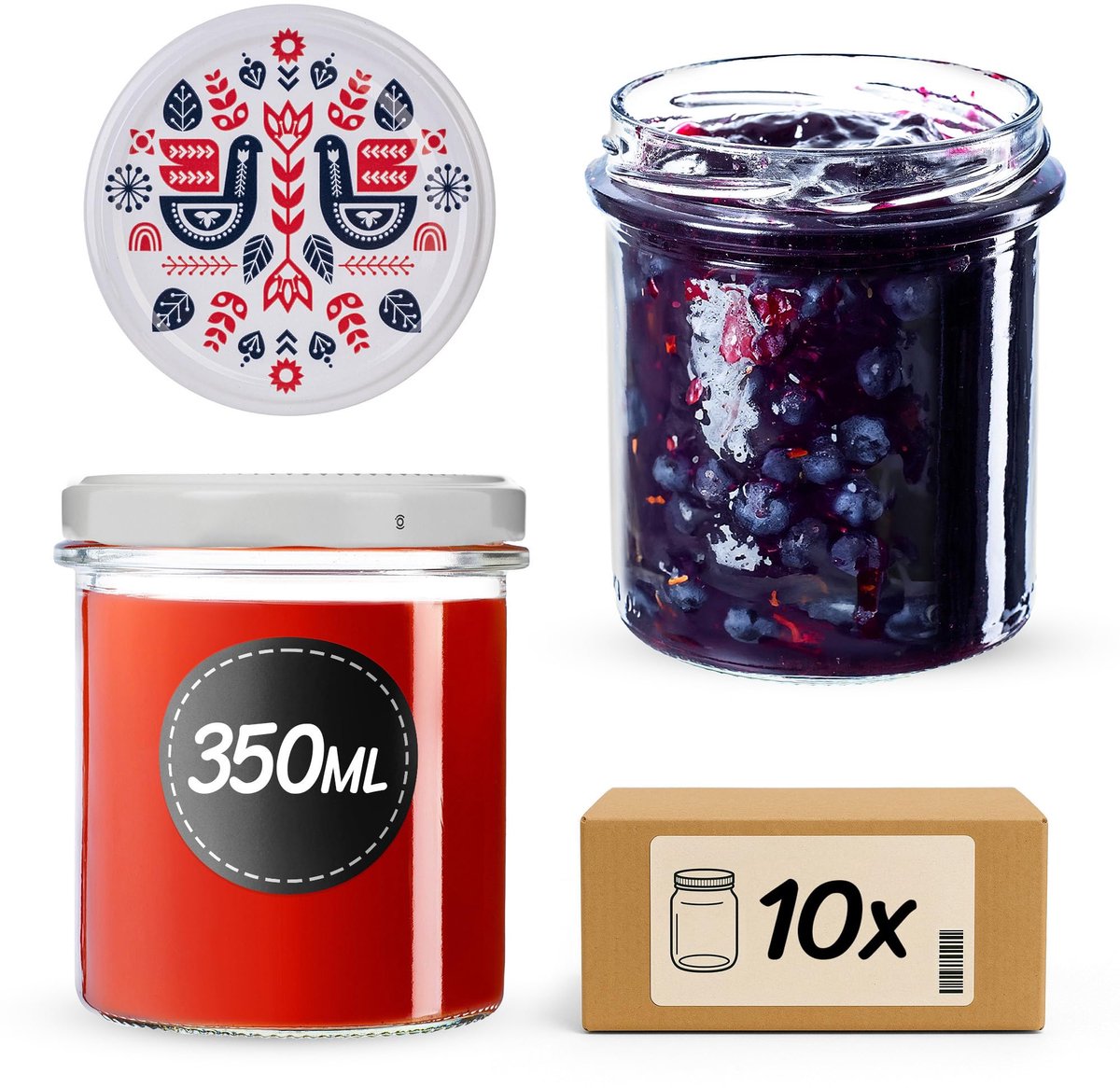 Jam potten, 350 ml, met diameter van 82 mm, schroefdeksel, kleine inmaakpotten met deksel, weckpotten om in te maken, schroefpotten voor jam en honing (Folklore I, 10 stuks)