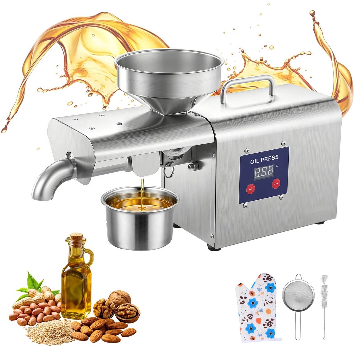 Elektrische oliepers - Automatische oliemolen 750 W - Capaciteit 3,75 kg/u - Temperatuur 50-300 °C warm persen - Voor pinda's sesam sojabonen amandelen - Roestvrij staal