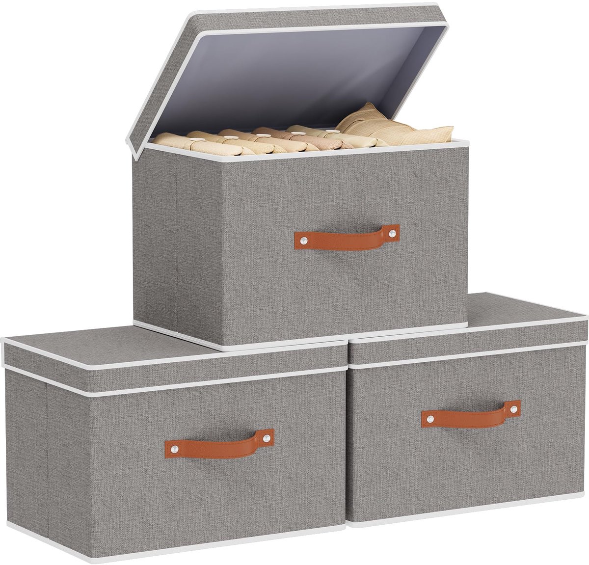 3 stuks opbergdozen met deksel, opbergdozen grijs, kast organizer, opvouwbare stoffen opbergdozen voor woonkamer, slaapkamer, 45 x 30 x 30 cm