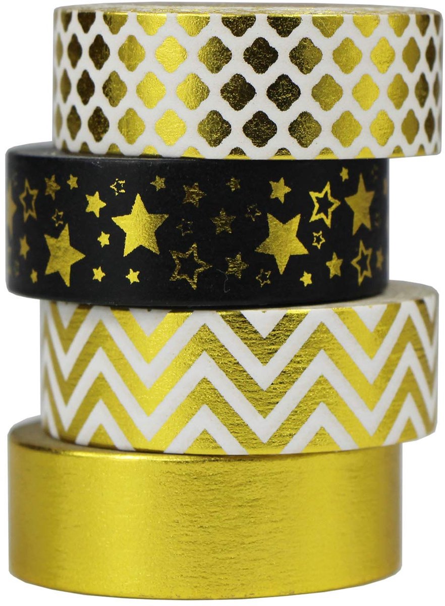 Washi Tape goud, set van 4 rollen, Hobby decoratieve afplakband voor doe-het-zelf knutselen, scrapbooking, cadeaupapier, lengte per rol, 10 m