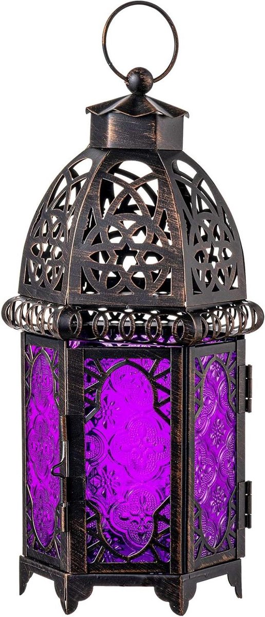 Marokkaanse Lantaarn - Kaarsenhouder Decoratief - Sfeerverlichting Creëren - Met Glazen Panel - 30 cm - Paars