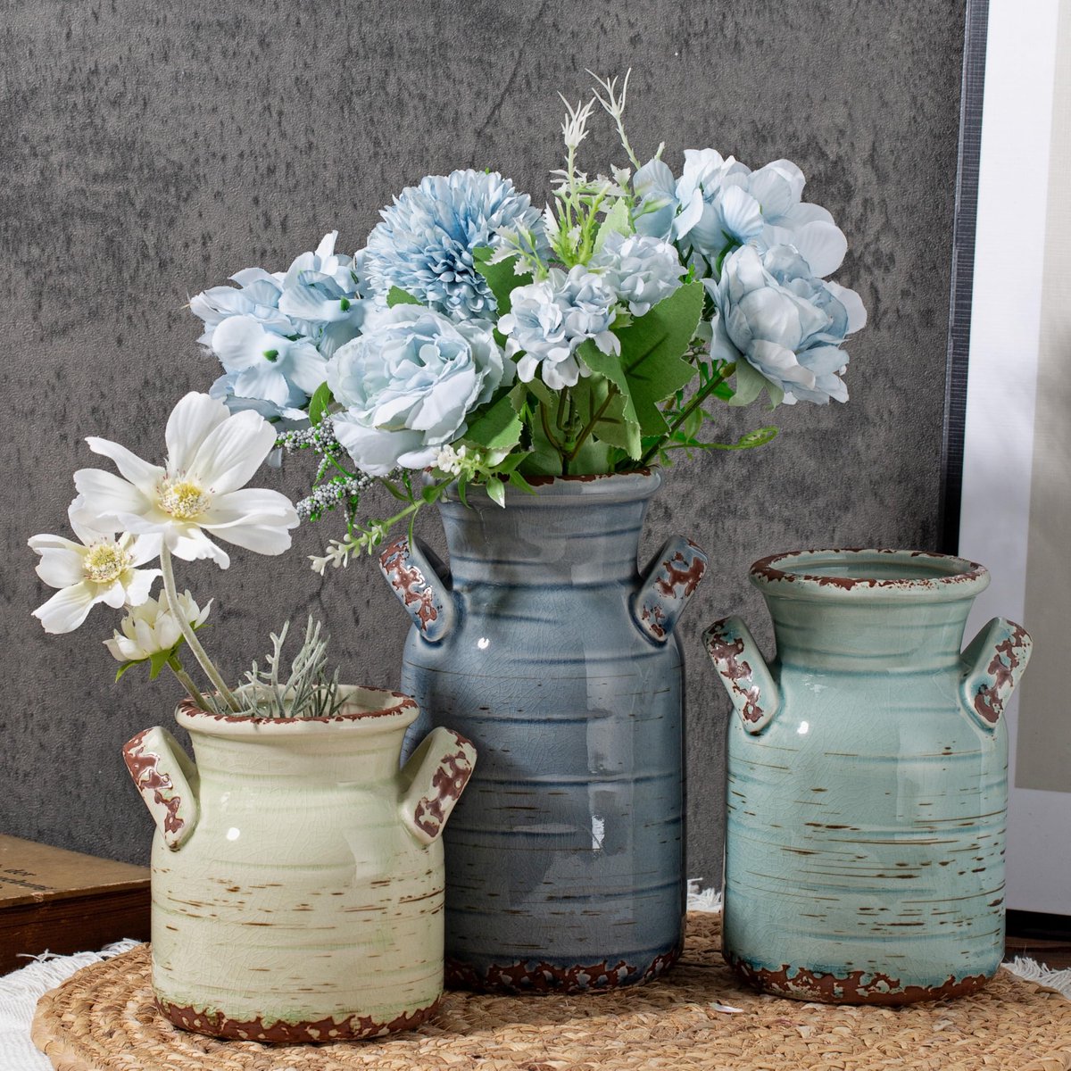Vaas set van 3 met twee handgrepen, blauw neutraal rustiek modern boerderij boho decoratie, veelzijdig als tafel centerstuk of mantel & plank accent - uniek cadeau-idee voor thuis
