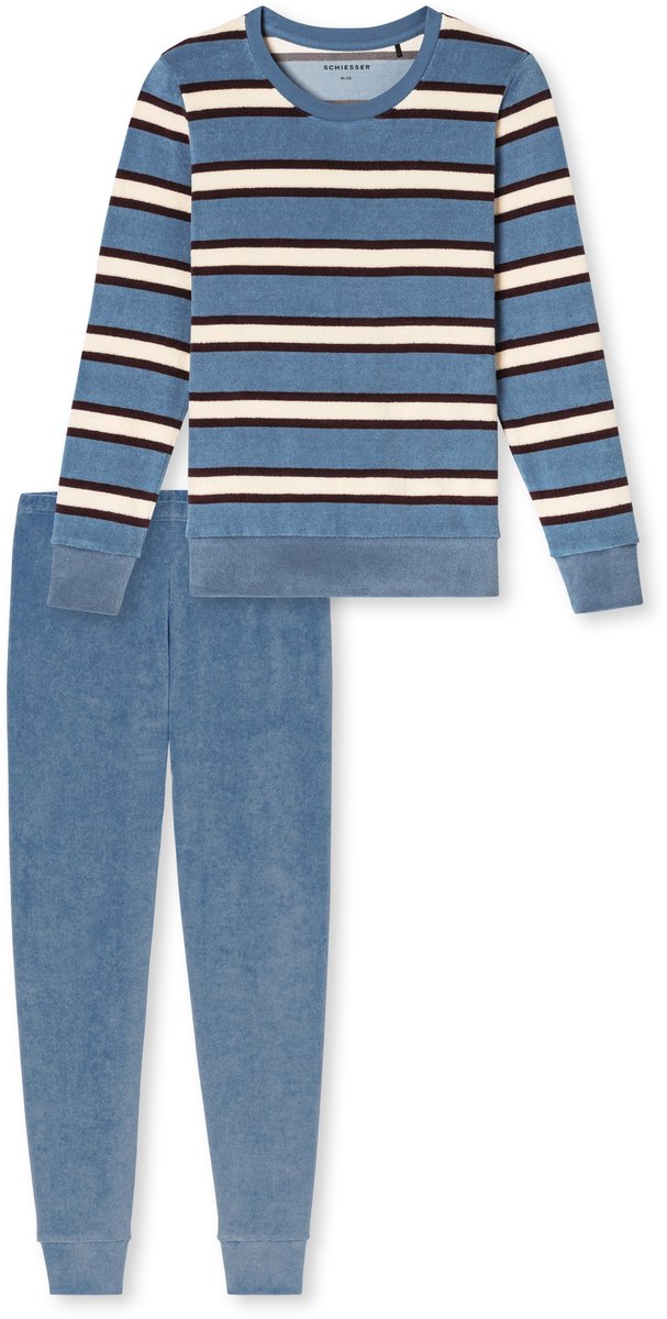 Schiesser badstof dames pyjama met boordjes - Streep - Casual Essentials - 42 - Blauw