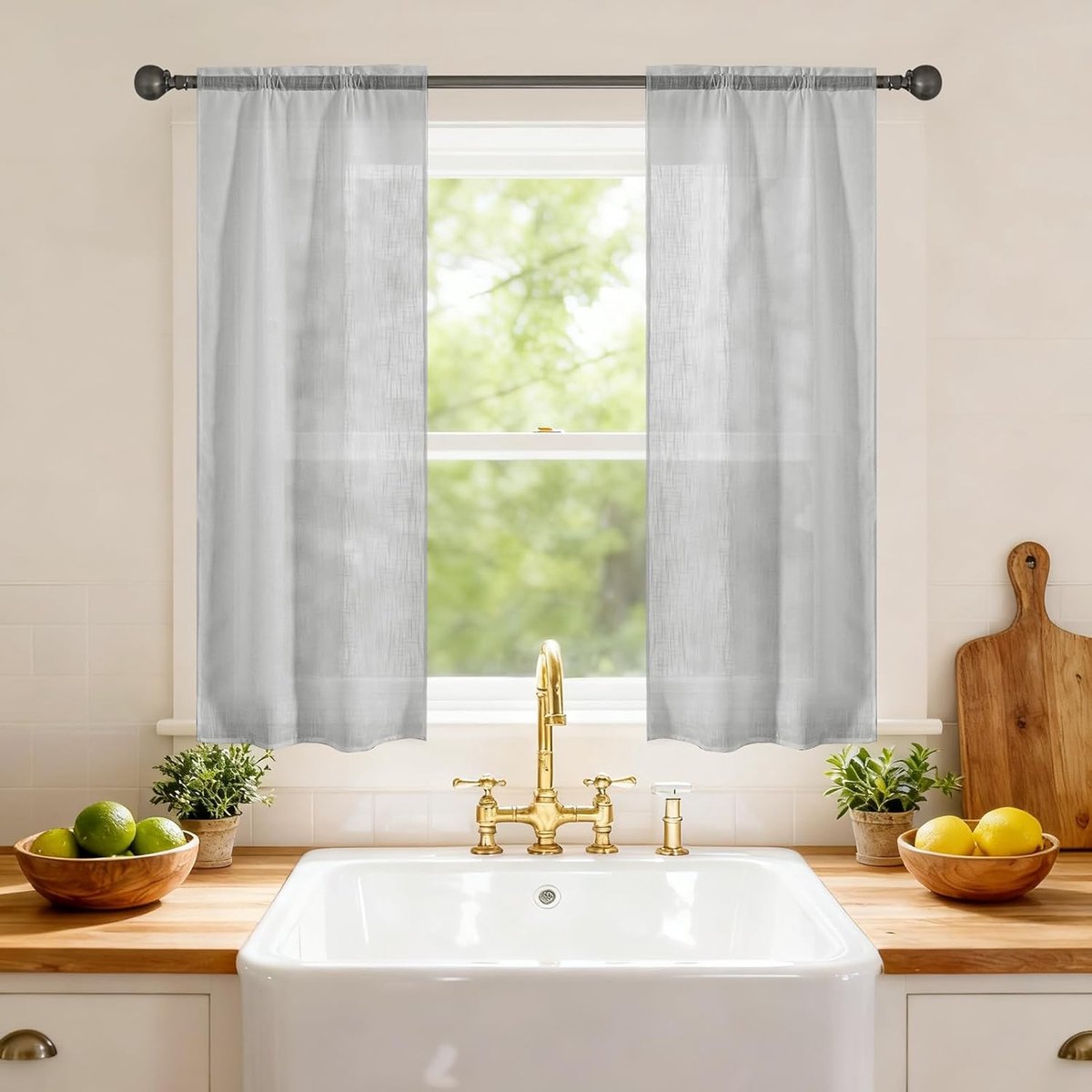 Voile Gordijnen In Linnenlook Set Van 2, 70x120 CM, Vitragegordijnen Met Stoktunnel, Binnengordijnen Doorschijnend Voor Keuken Slaapkamer Woonkamer Raamgordijnen Transparante, Lichtgrijs