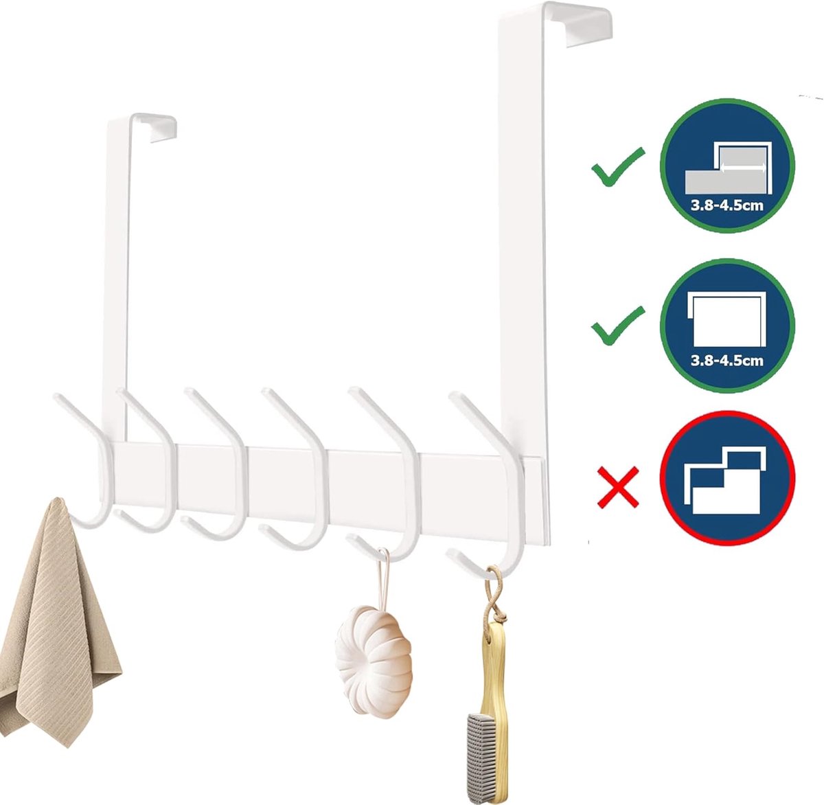 Deurkapstok om op te hangen, roestvrij staal, deurkapstok zonder boren, kledinghaken, deur voor Duitse deuren, deurhakenlijst, roestvrij staal, met 6 haken, voor keuken, badkamer (wit, dikte 4,5