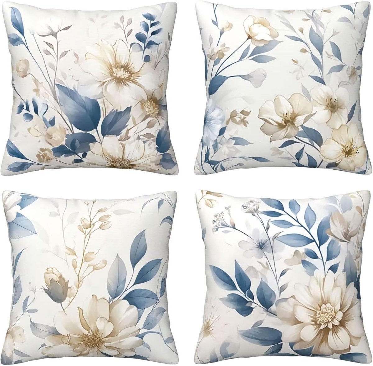 Kussenhoezen, sierkussenhoezen met blauwe en witte bladeren, 65 x 65 cm, behaaglijk, kussenhoes met onzichtbare ritssluiting, zacht, wollig, bankkussen, wasbaar, voor tuin, woonkamer, bank