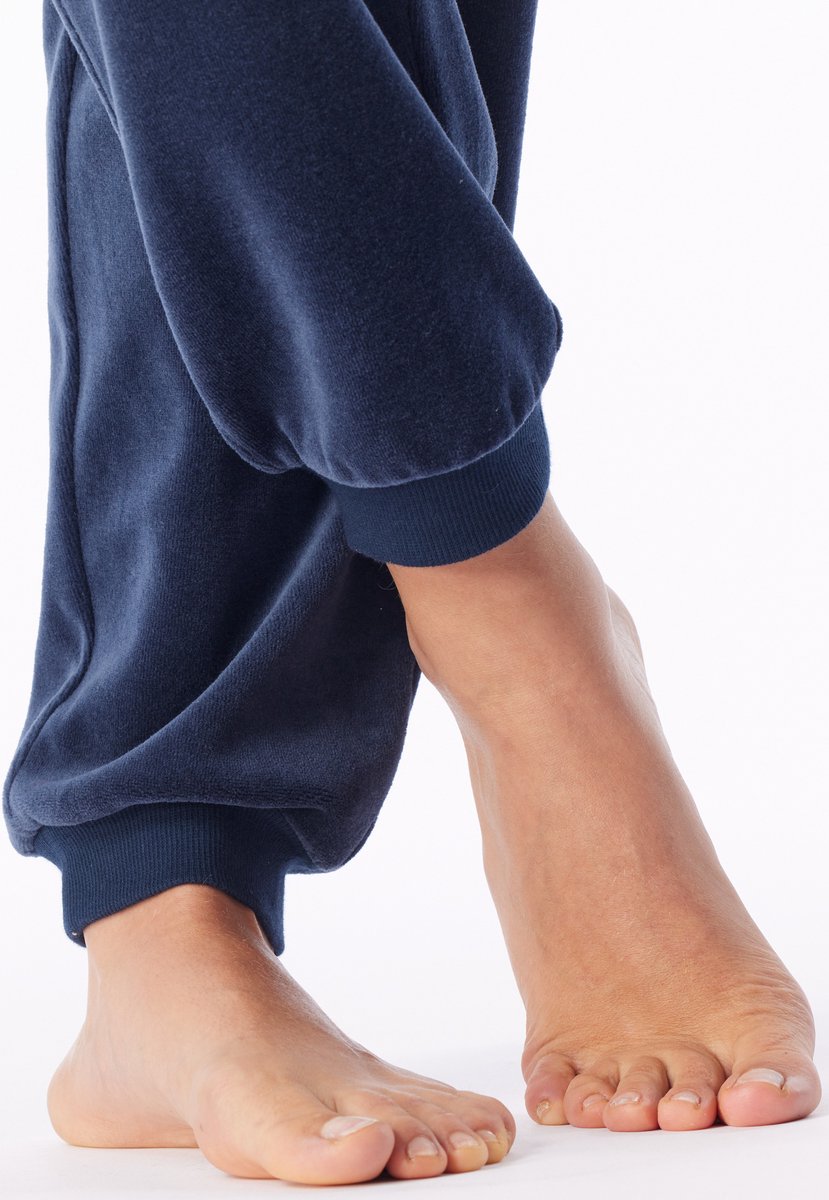 Schiesser dames Casual Velour lang loungeset met velours manchetten - deep sea blue - lange pyjama - deepseablue