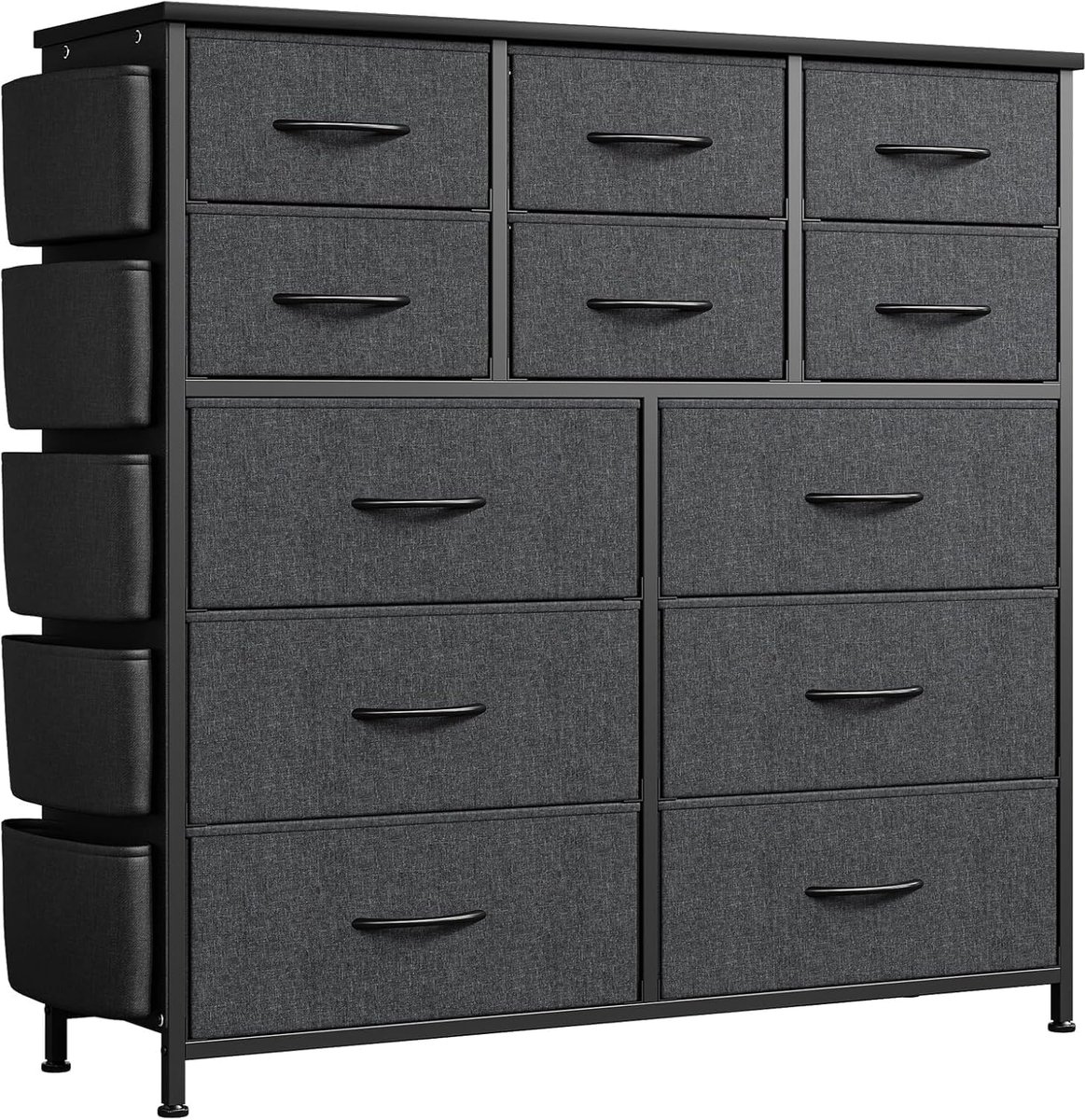 Scandinavische Ladekast met 12 Laden - Stoffen Commode met Zijvak en Haken - Industrieel Opbergmeubel voor Slaapkamer, Woonkamer en Hal - Metalen Frame