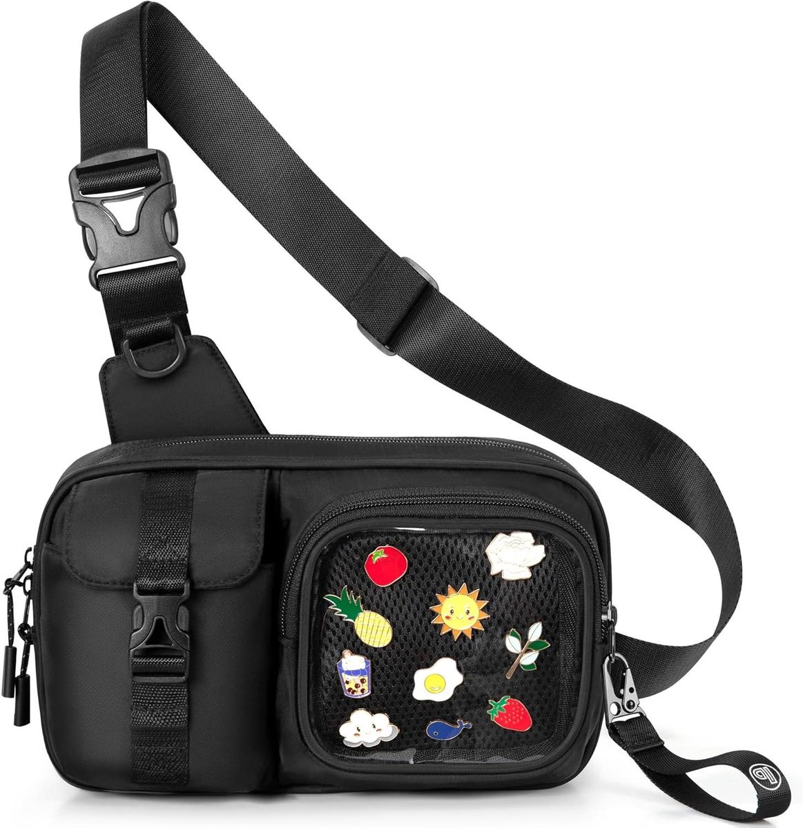 Borsttas met display - Slingbag pin - Collecties tonen - Transparant pinvenster - 24x15 cm - Zwart