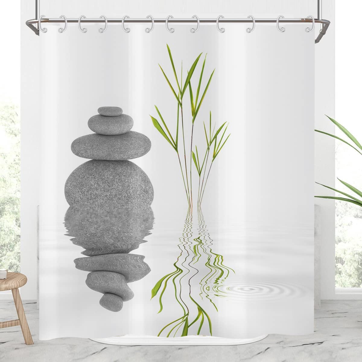 Douchegordijn 180x180, Japanse spa douchegordijnen wild gras reflectie in water meditatie ontwerp badkamergordijnen met haken waterdichte polyester stof wasbare badgordijnen