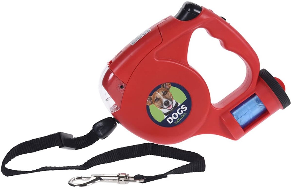 Dailygoods - Intrekbare automatische hondenriem - Hondenriem met poepzakvak - Rood - 5 meter - Geschikt voor grote honden - Maximaal 35 kg