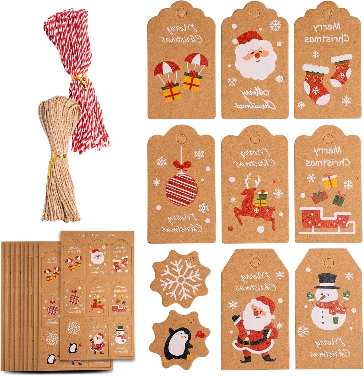 Set van 100 Kerstcadeautags in 4 Vormen, Bruin Kraftpapier Labels met Kleurkoord en Jute Koord voor Kerstdecoratie en Creatieve Projecten