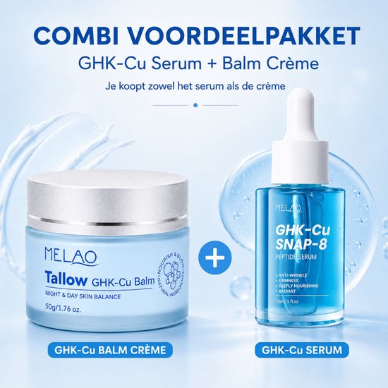 Combi voordeelpakket GHK-Cu Serum + Balm Crème. Blauwe pot met crème en blauwe druppelflacon met serum.