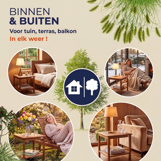 Verschillende locaties voor de houten bijzettafel: binnen en buiten.