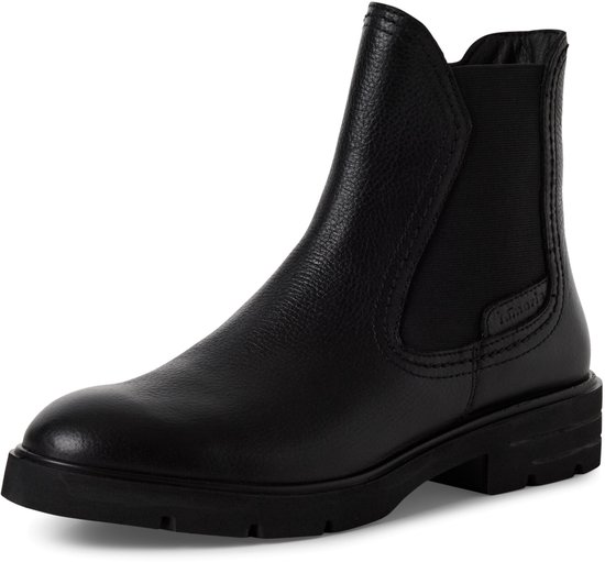 Zwarte Tamaris enkellaars van generfd leer met elastische inzet en robuuste profielzool.