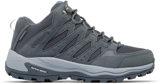 Grijze Columbia wandelschoen, zijkant zichtbaar met 'Waterproof' label.