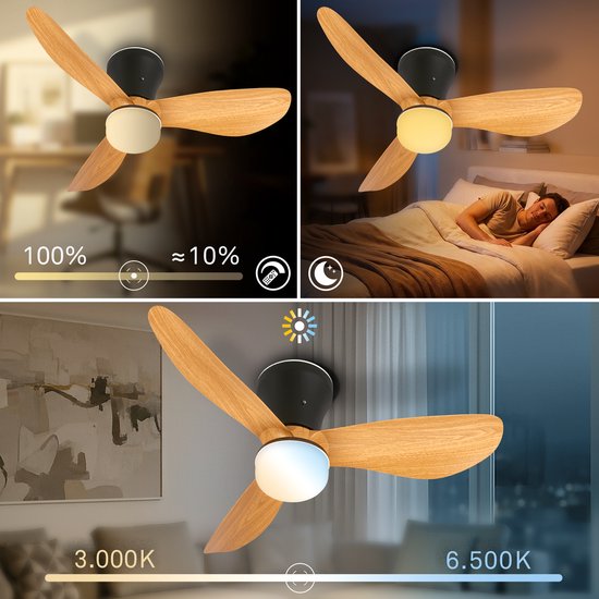 BRILONER Lufito - Ventilateur de plafond avec éclairage - Plafonnier LED avec ventilateur - mode été et hiver - lampe ventilateur dimmable - CCT - Ø78cm - noir/bois