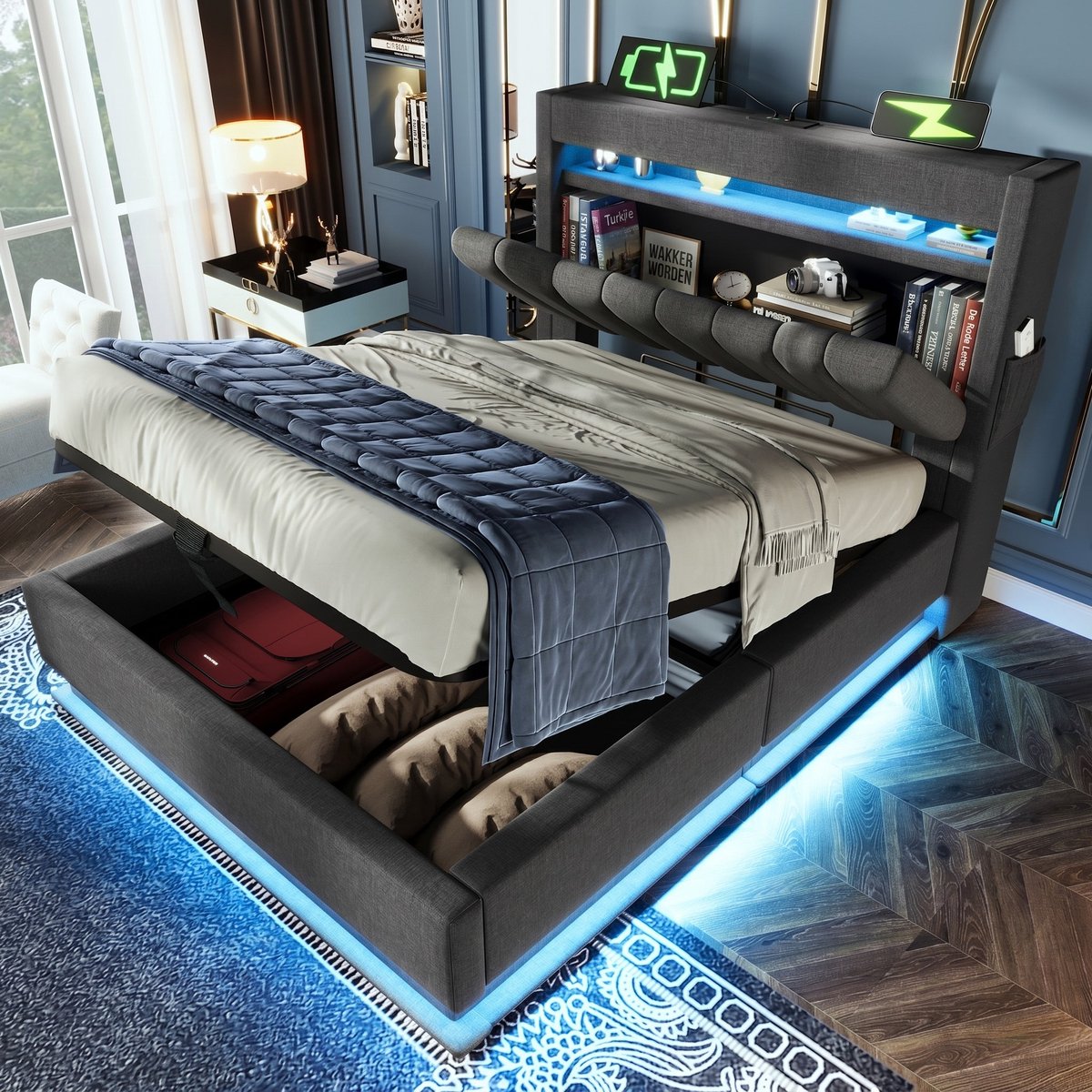 VVBV Gestoffeerd Opbergbed 90x200 cm - LED, USB-C, Hydraulische Opbergruimte, Opberghoofdbord, Lades, Linnen, Zonder Matras Gray