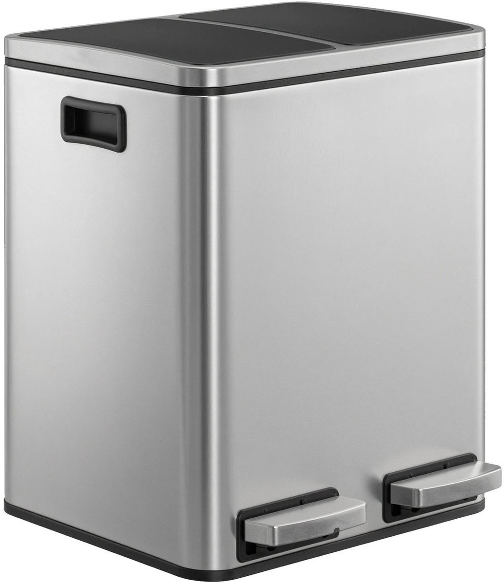 Prullenbak met Dubbel Compartiment en Voetpedaal - Afvalscheidingsbak met Softclose, Staal, 30 liter,met 15 x Vuilniszak- Zilver en Zwart