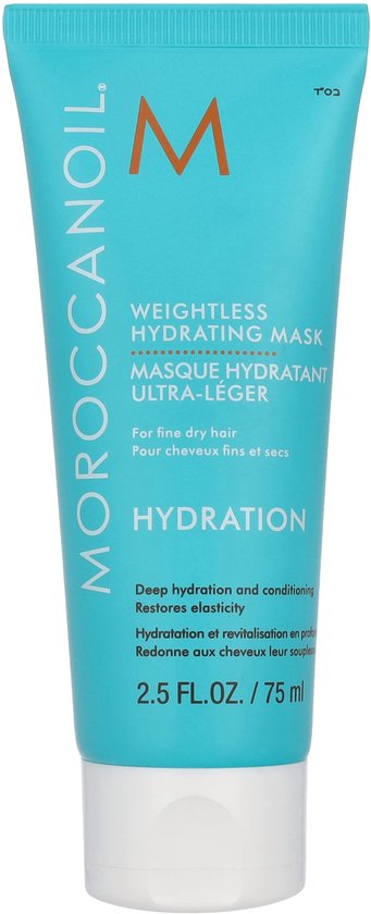 Moroccanoil Weightless Hydrating Mask tube. Turquoise met oranje M-logo en witte tekst. 75 ml.