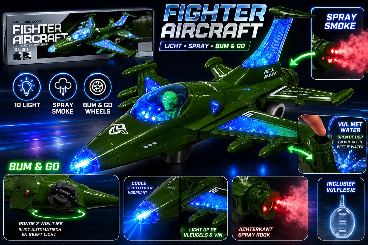 Fighter Aircraft - Army Jet - Straaljager met Rookspray op water en Licht effecten - Zelf rijdend vliegtuig (incl. batterijen