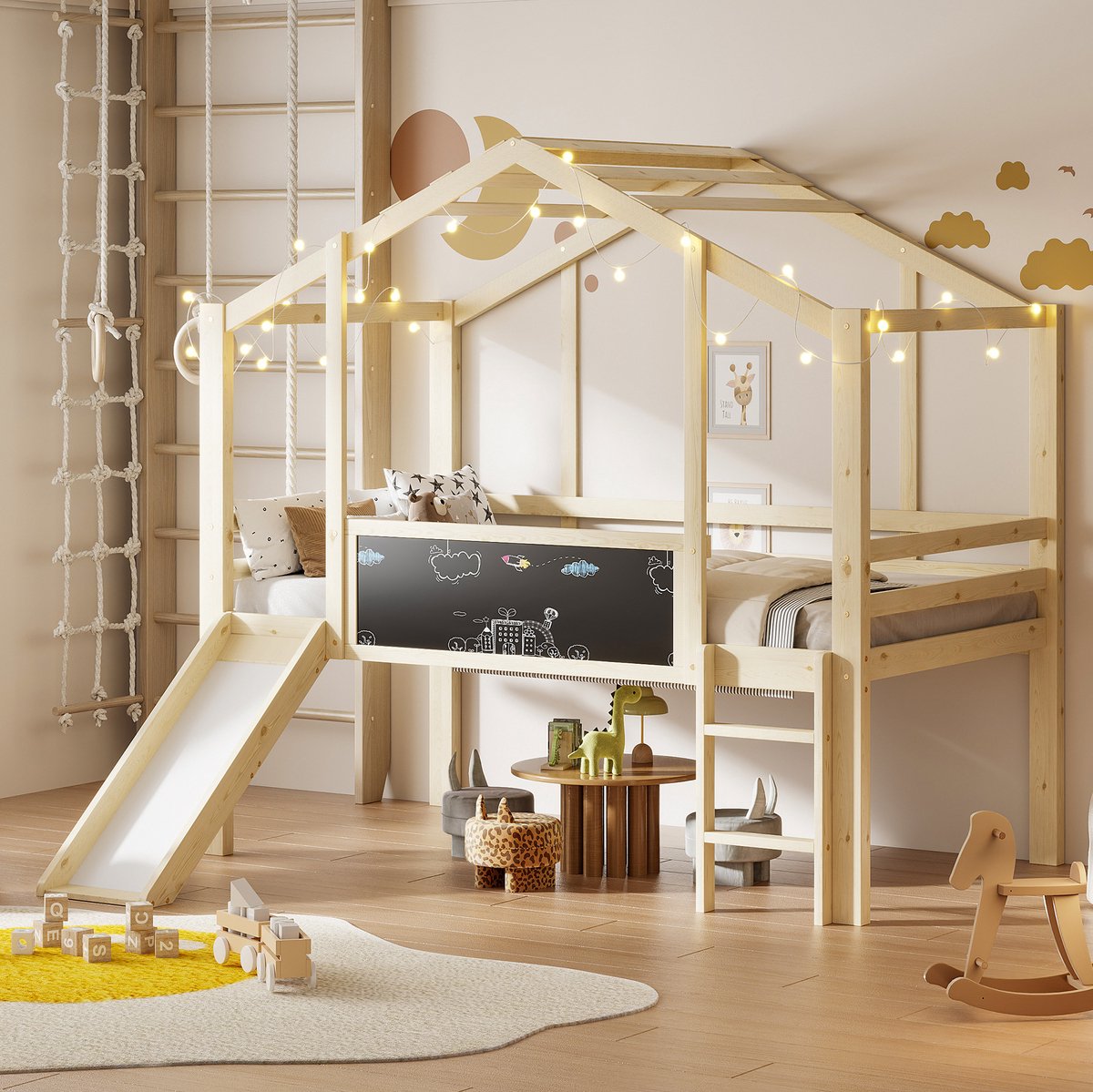 MEUNIQ kinderhoogslaper 90 x 200 cm met glijbaan, ladder, uitvalbeveiliging en krijtbord, huisvormig houten bed voor kinderkamer in naturel Natural Wood