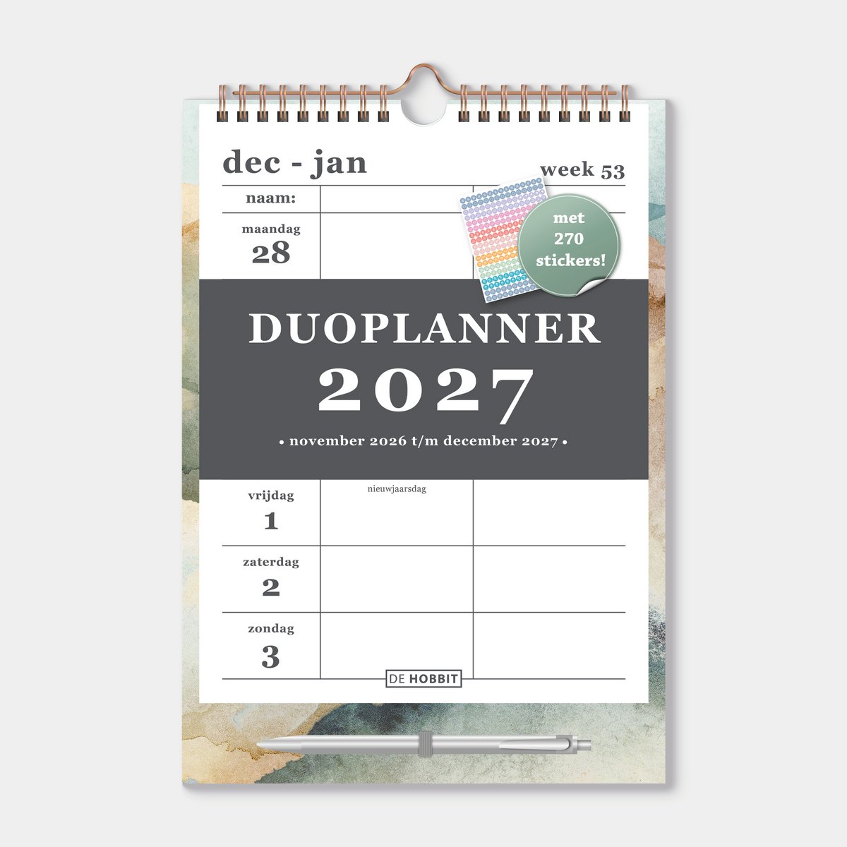 Hobbit - Duoplanner 2027 - A4 (29.7 x 21 cm) - 1 week op 1 pagina - Weekkalender voor 2 personen - Met pen - Abstracte Verfstreken