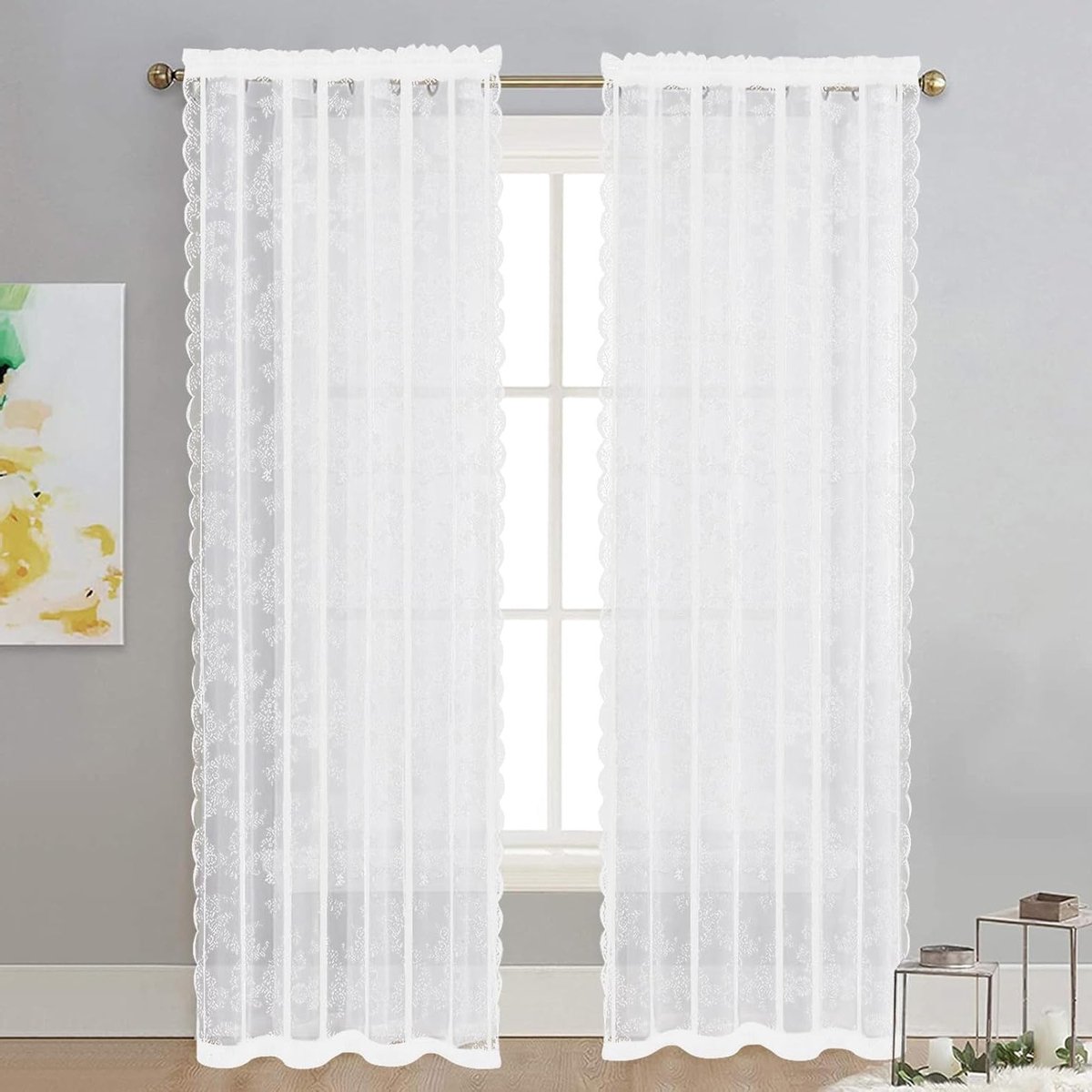 Elegante Witte Transparante Gordijnen met Bloemborduursel - 2 Delige Voile Gordijnen voor Woonkamer, Slaapkamer en Patio Decoratie