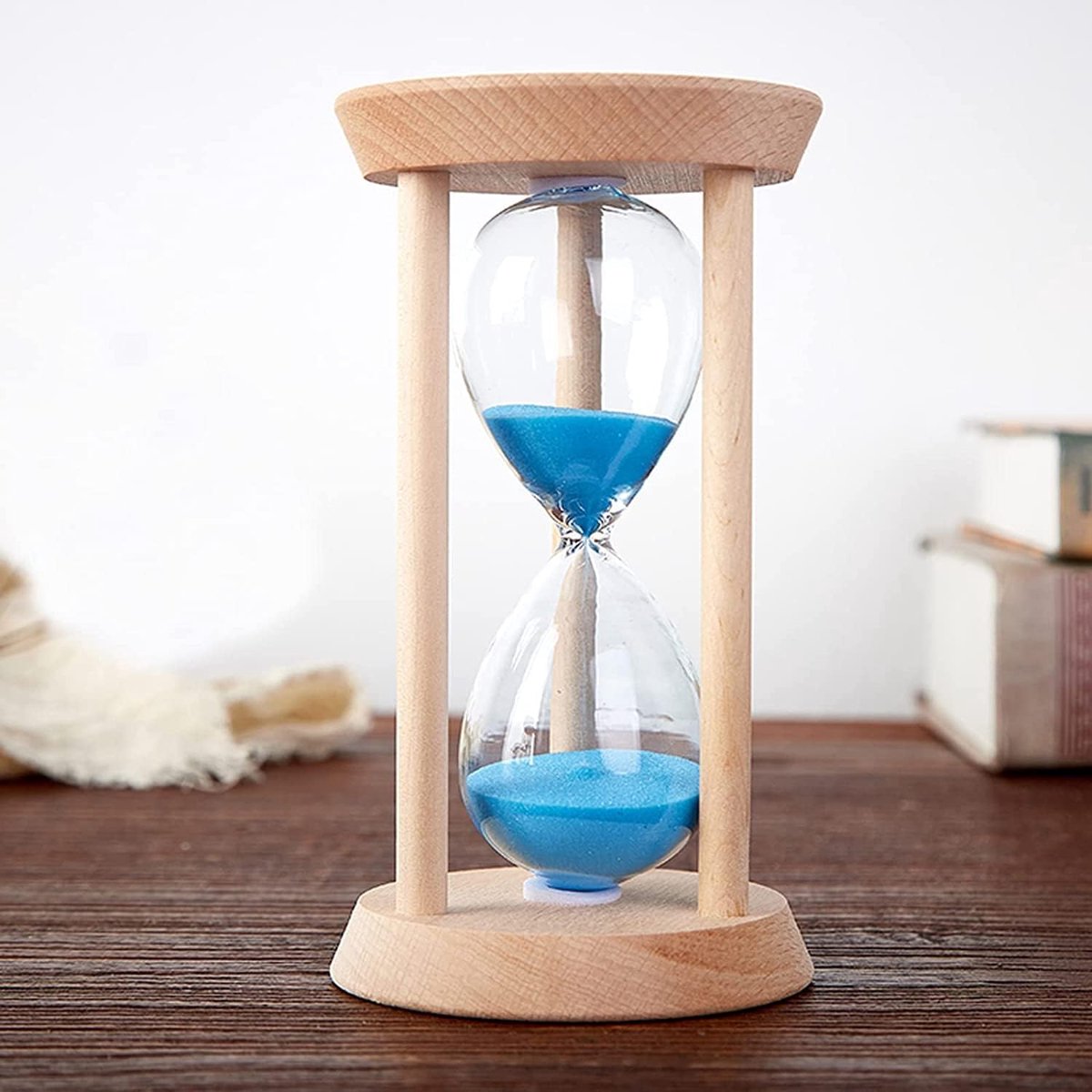Zandloper Timer - Zandklok Decoratie - Tijd Meten - Massief Houten Frame - 10-14 cm Hoog - Hout Blauw Zand