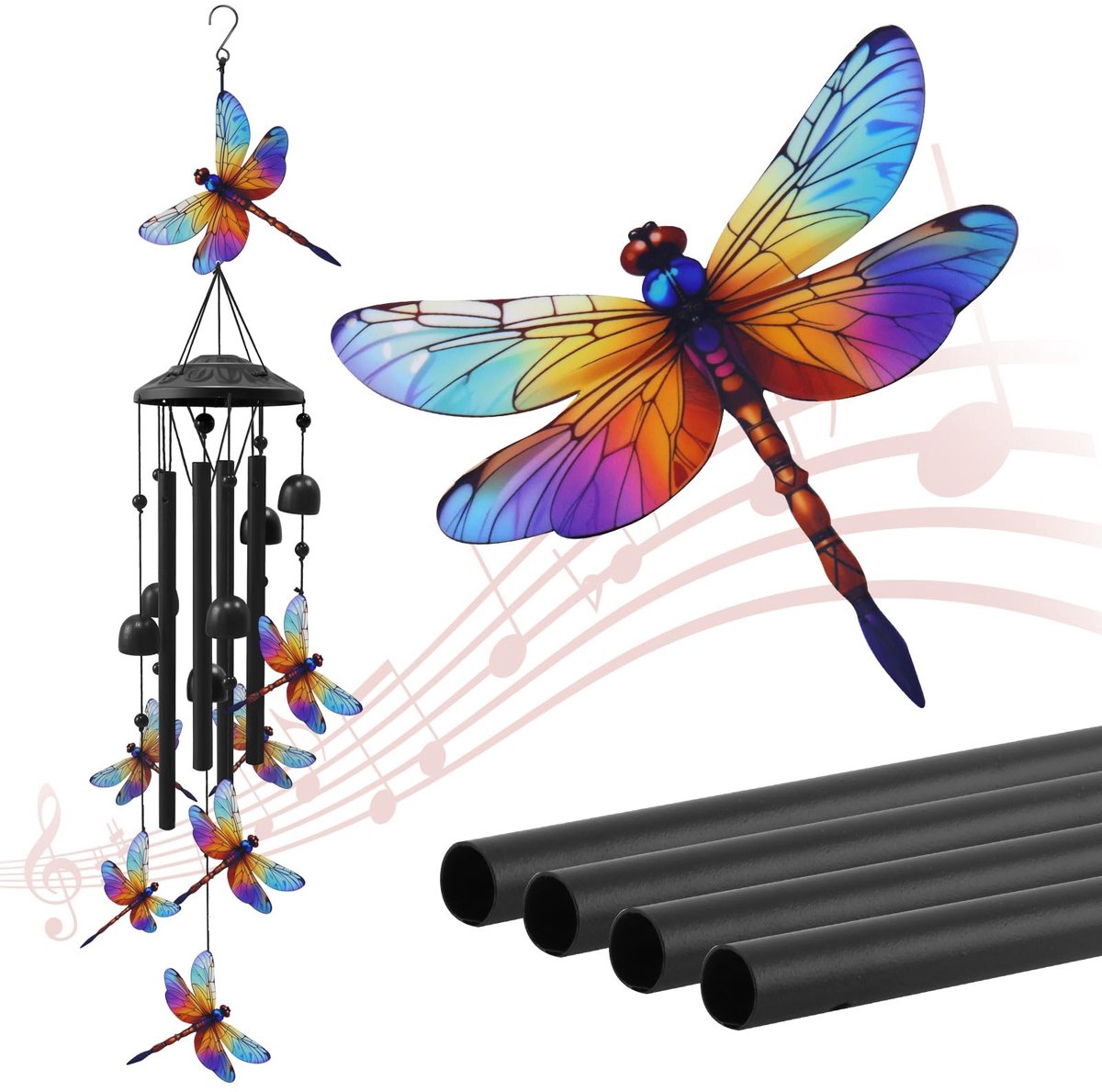Grote Libelle Windgong voor Buiten 97 cm - Zwarte Metalen Wind Chime - Duurzame Tuindecoratie voor Tuin, Balkon en Terras - Cadeau voor Oma en Moeder