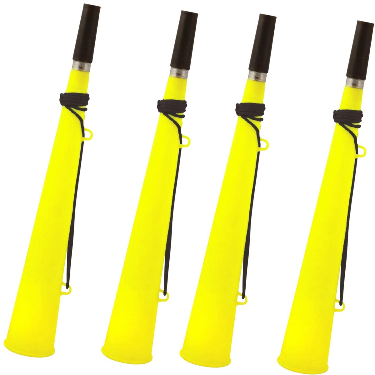Henbrandt feest / party blaas toeters - set 4x stuks - neon geel - 37 cm - feestartikelen verjaardag - geluidmakers - hoorns - supporters