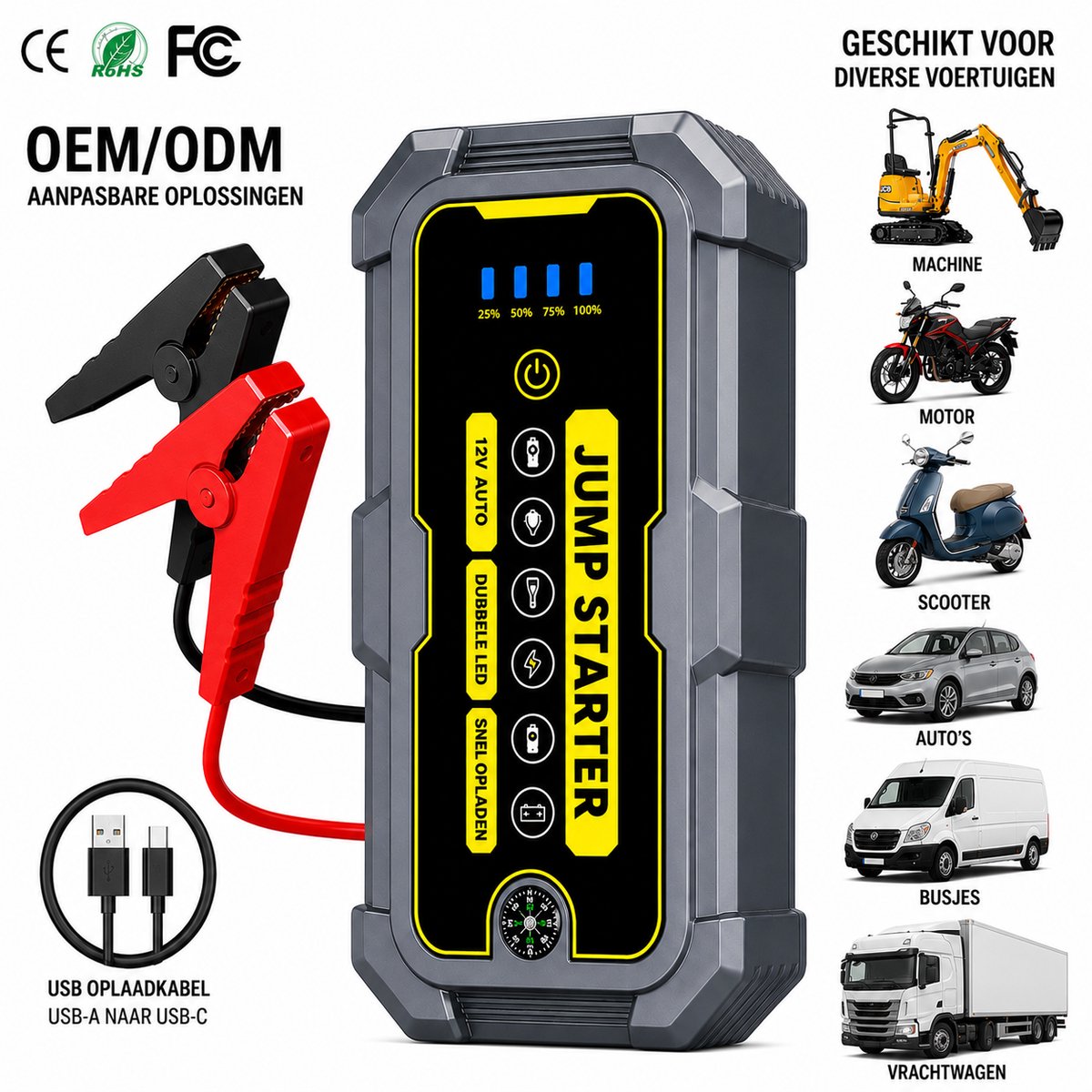 Jumpstarter 12V voor Auto - 2000A 12V – Starthulp Accu Booster Powerbank | Voor Auto, Motor, Machine, Scooter