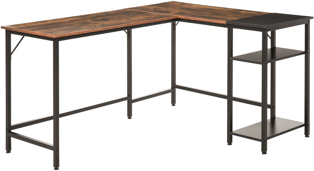 Industriële hoekbureau met zijplank, hout en zwart metaal, 150x120x75cm