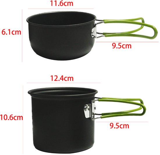 Camping kookset - Kookgerei - Inclusief bestek - Outdooruitrusting - Geschikt voor 1-2 personen - Draagbaar kookgerei voor kamperen - Geschikt voor kamperen, buitenactiviteiten, wandelen, picknicks en barbecues - Groen - Aluminiumlegering — afbeelding 2