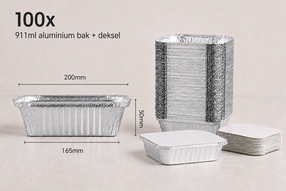Aluminium Bakjes met Deksel 911ml - 100 Stuks - Rechthoekige Alu Schalen - 20 x 14,5 x 5 cm - Kapsalon & Maaltijden - IMES PACK