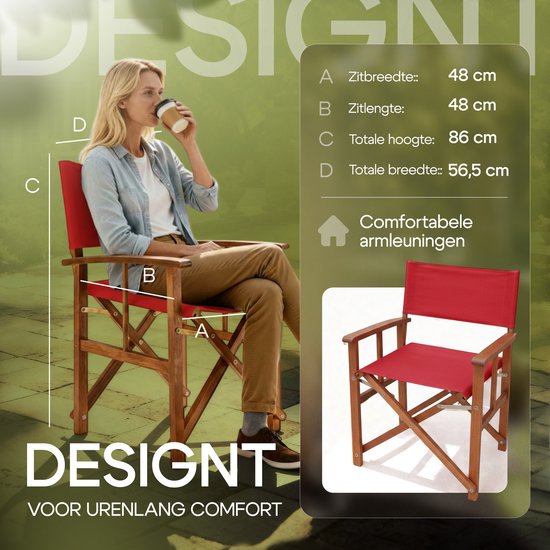 Casaria Regisseursstoel – FSC Eucalyptushout – met Armleuningen – Rood — afbeelding 2