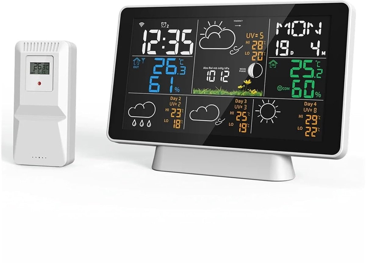 Weerstation Binnen Buiten - Thermometer Hygrometer - Weersvoorspelling Monitoren - 7.5 Inch Kleurendisplay - 100 Meter Bereik - Wit