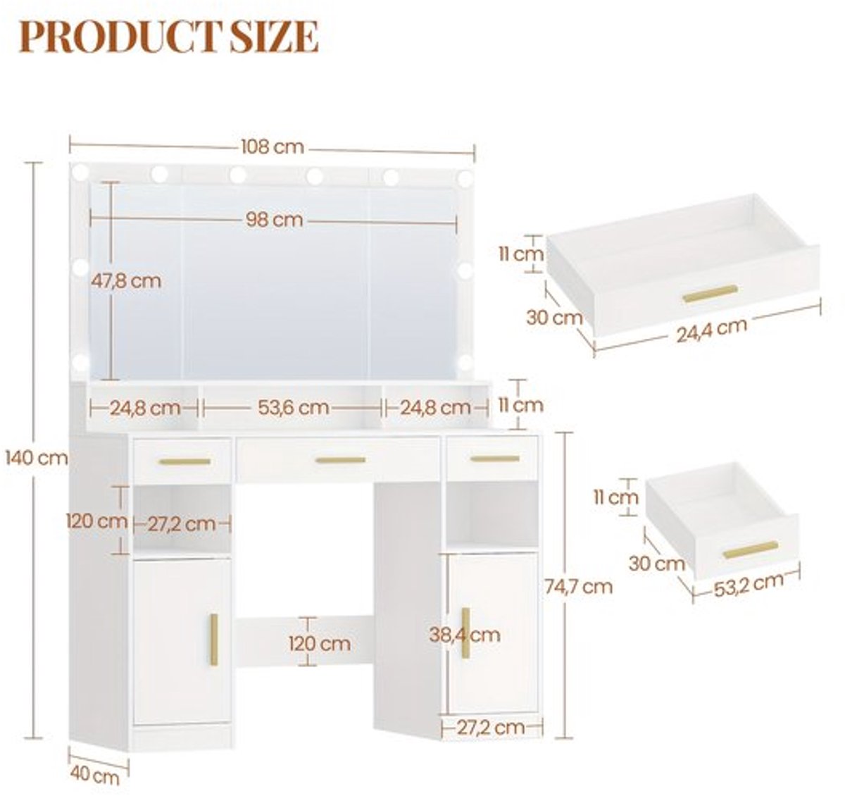 Kaptafel – Make-uptafel – Toiletmeubel – Schminktafel – Slaapkamermeubel – Wit – Groot Spi
