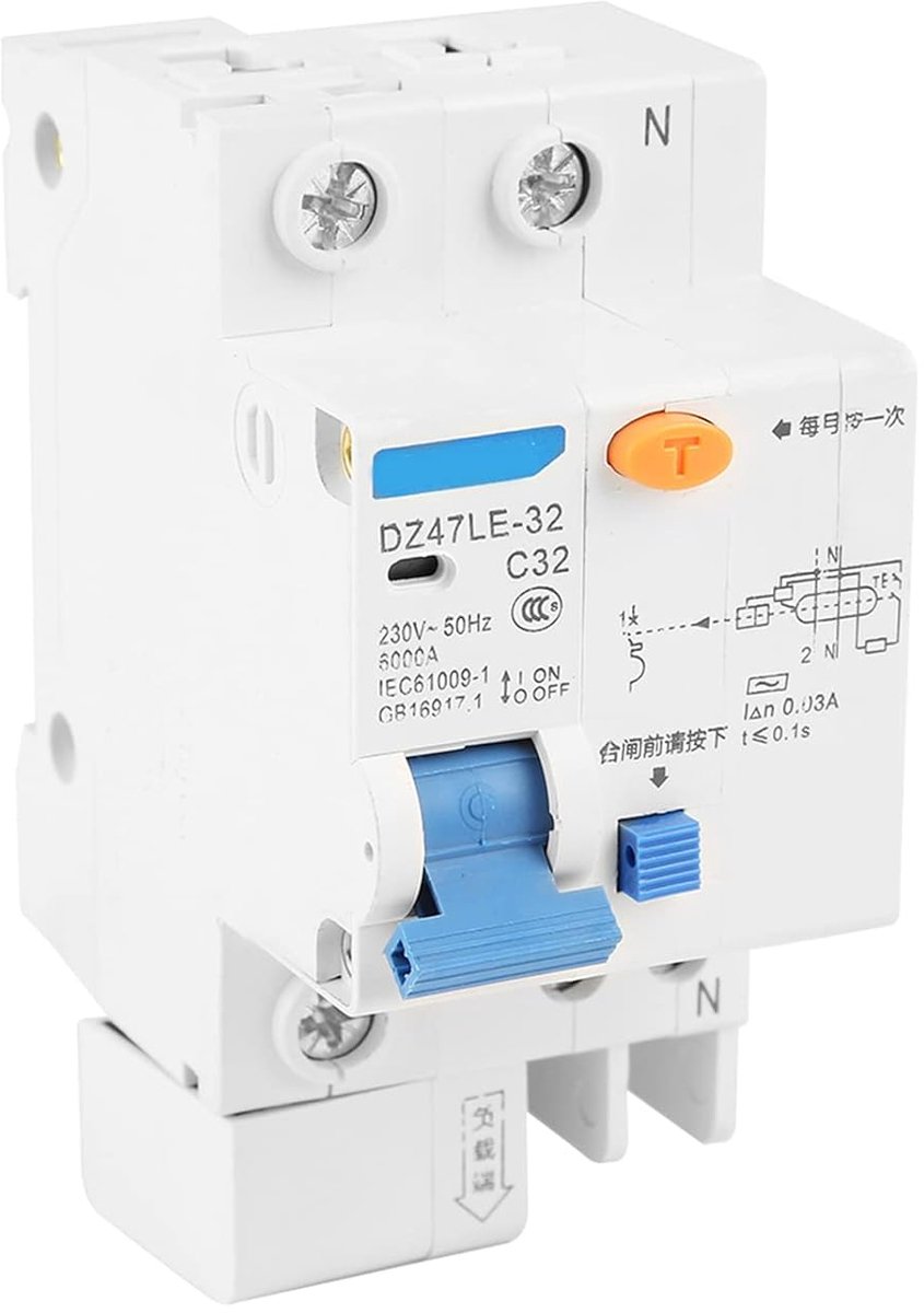 Aardlekschakelaar - Stroomonderbreker - Elektrische Veiligheid - 30mA Lekstroom - 32A 230V - Grijs