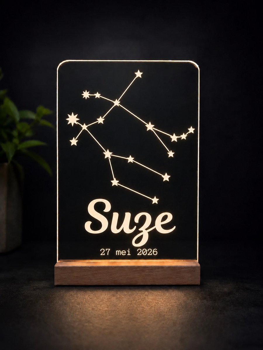 Sterrenbeeld lampje Tweelingen - gepersonaliseerd met NAAM en GEBOORTEDATUM - LED 11cm x 16cm