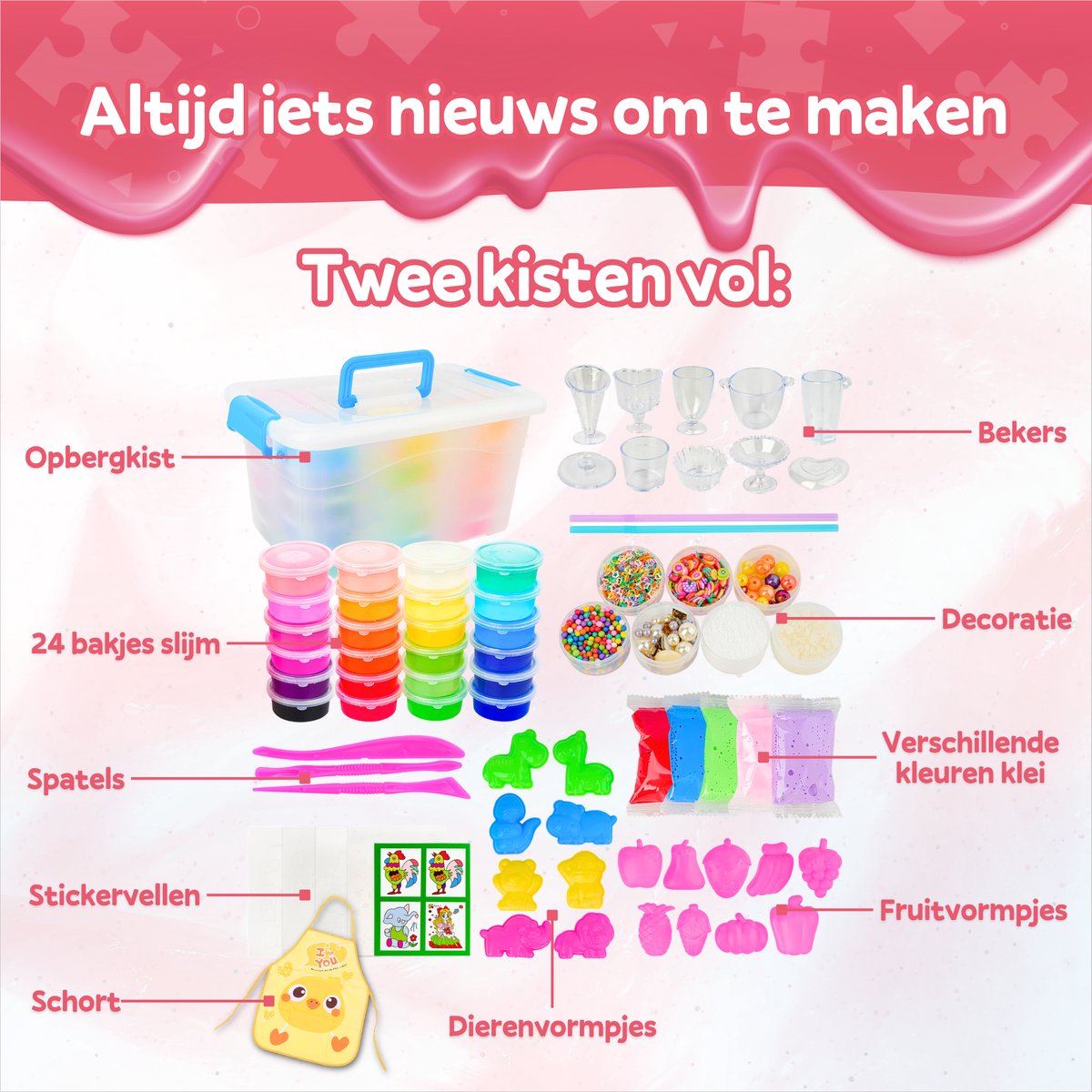 Slijm Maken Set XL 2-Pack – 124 Onderdelen – Slijm Pakket met Schort – DIY Knutselpakket – Speelslijm Maker — afbeelding 7