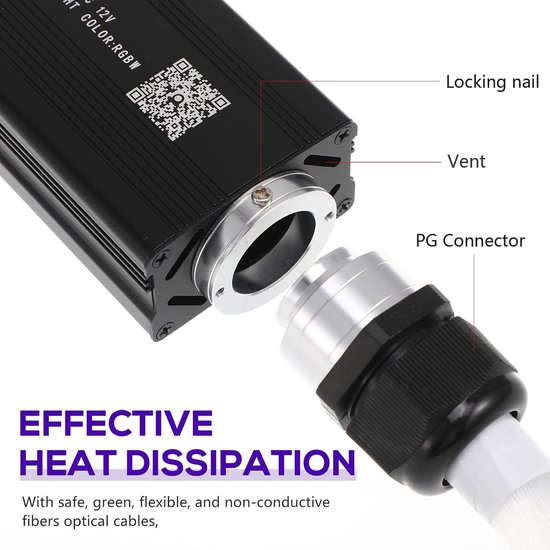 Zwarte lichtmotor met ventilatie en PG connector, voor aansluiting op optische kabels.