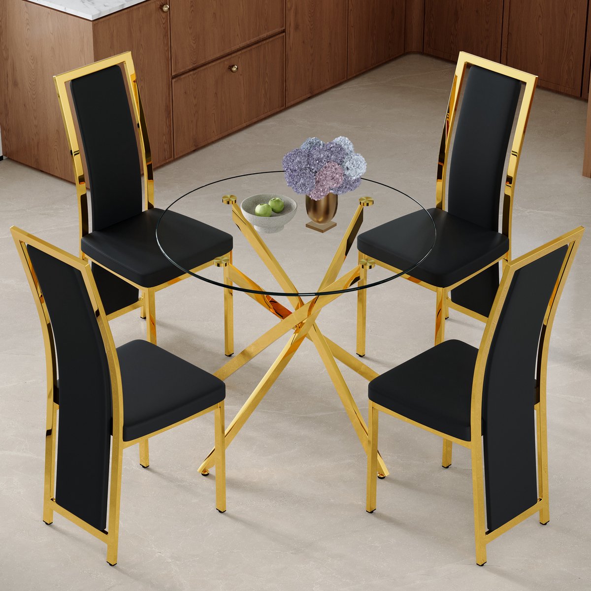 Set Tafel En Stoelen Ronde 88 Cm Eettafel Van Gehard Glas Met 4 Zwarte PU Eetkamerstoelen Met Gouden Rand Voor Eetkamer En Keuken Metaal Zwart Goud Transparant