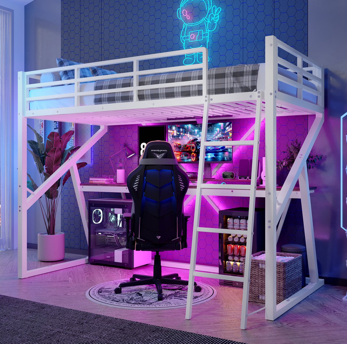 MEUNIQ hoogslaper 90 x 200 cm met bureau, ladder, uitvalbeveiliging en LED-verlichting, voor kinderkamer, wit