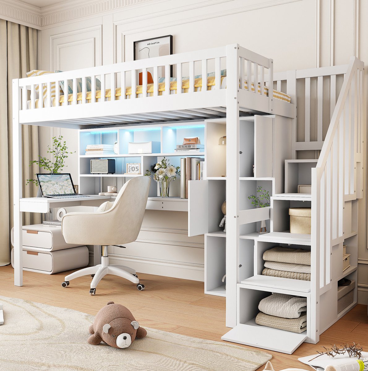 MEUNIQ Hoogslaper 90 x 200 cm met bureau, LED-verlichting, opbergladder, regalen en opbergvakken, eenpersoons bed voor kinderkamer, wit