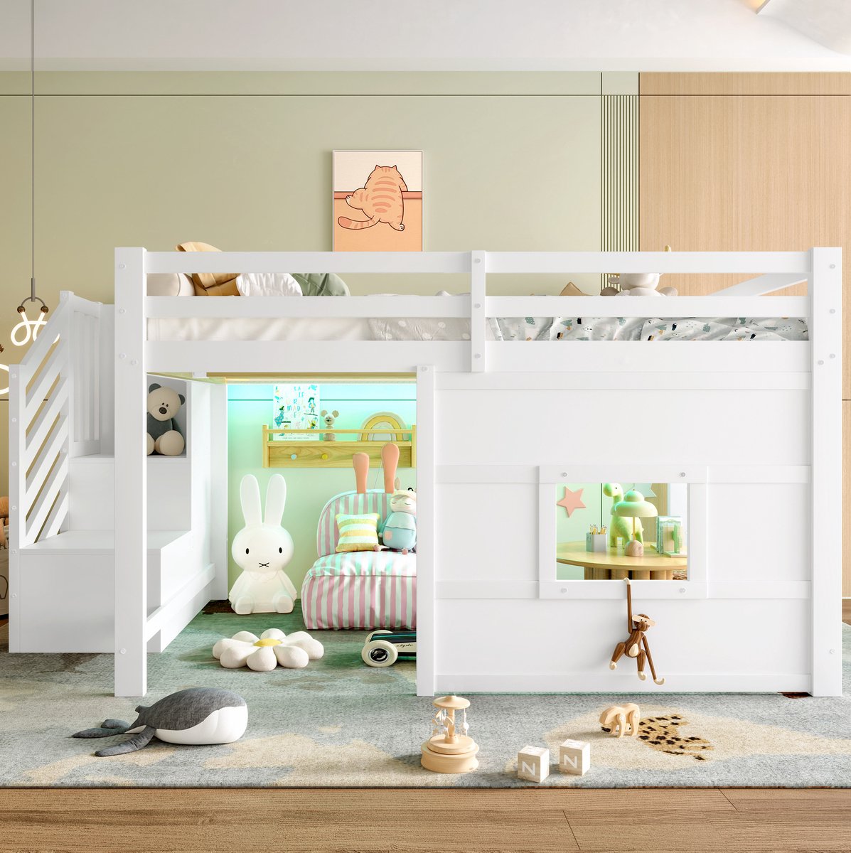 MEUNIQ Hoogslaper 140x200 met opbergtrap, raamdesign en LED-verlichting, wit bedframe van grenenhout en MDF voor kinderkamer