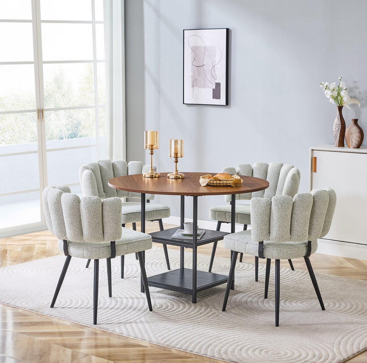 HAUSS SPOLE Set Tafel En Stoelen - Ronde Eettafel Met Dubbele Open Opberglagen En 4 Bouclé Stoelen - Voor Eetkamer Of Keuken - Hout Metaal - Lichtbeige Walnoot Zwart