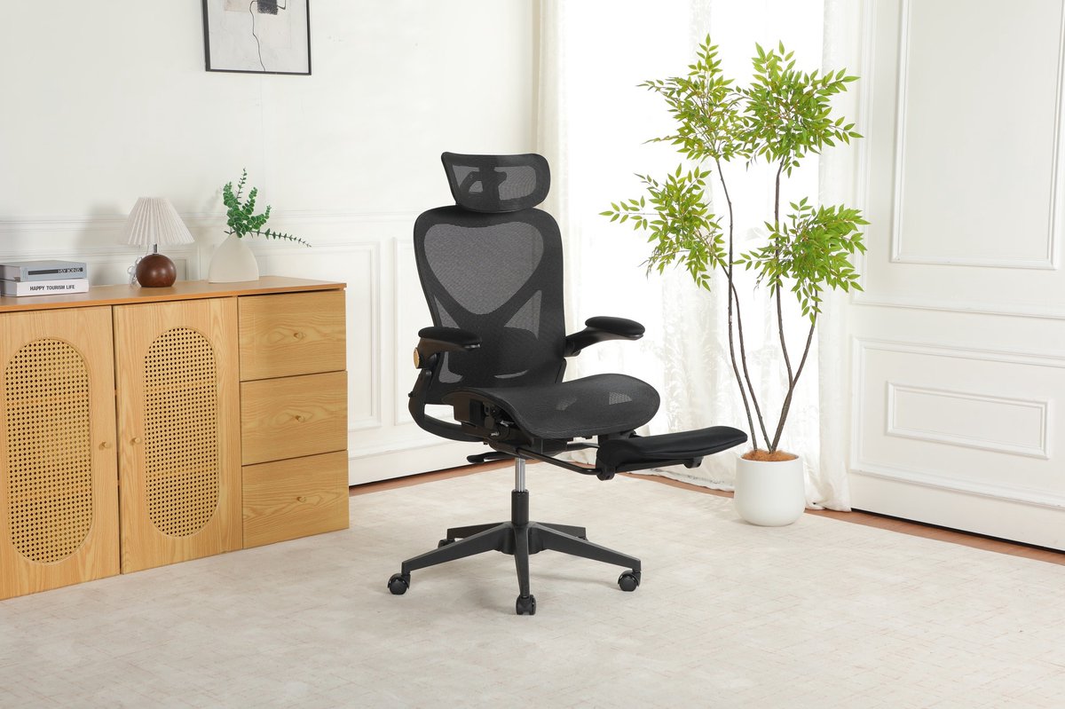 Bureaustoel - Ergonomisch Opklapbaar Design - Met Hoofdsteun, Lendensteun En Voetsteun - Voor Werk, Studie En Gamen - Mesh Zwart
